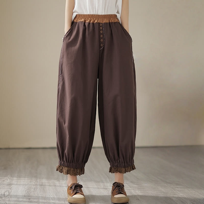 Pantalon Buddha Stones décontracté en coton et lin pour femme, couleur unie, patchwork, avec ceinture élastique et poches, style printemps