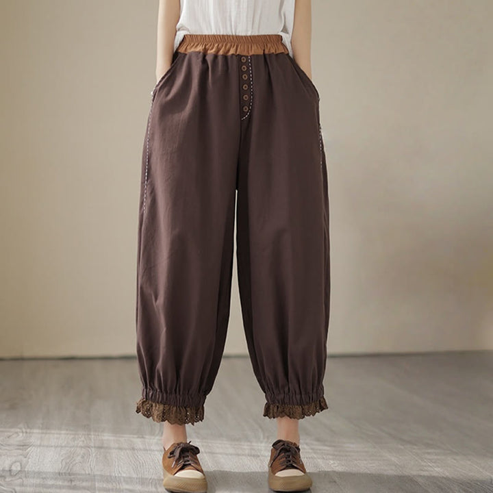 Pantalon Buddha Stones décontracté en coton et lin pour femme, couleur unie, patchwork, avec ceinture élastique et poches, style printemps