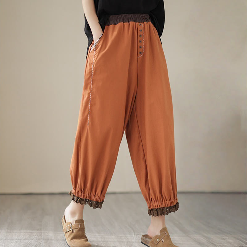 Pantalon Buddha Stones décontracté en coton et lin pour femme, couleur unie, patchwork, avec ceinture élastique et poches, style printemps