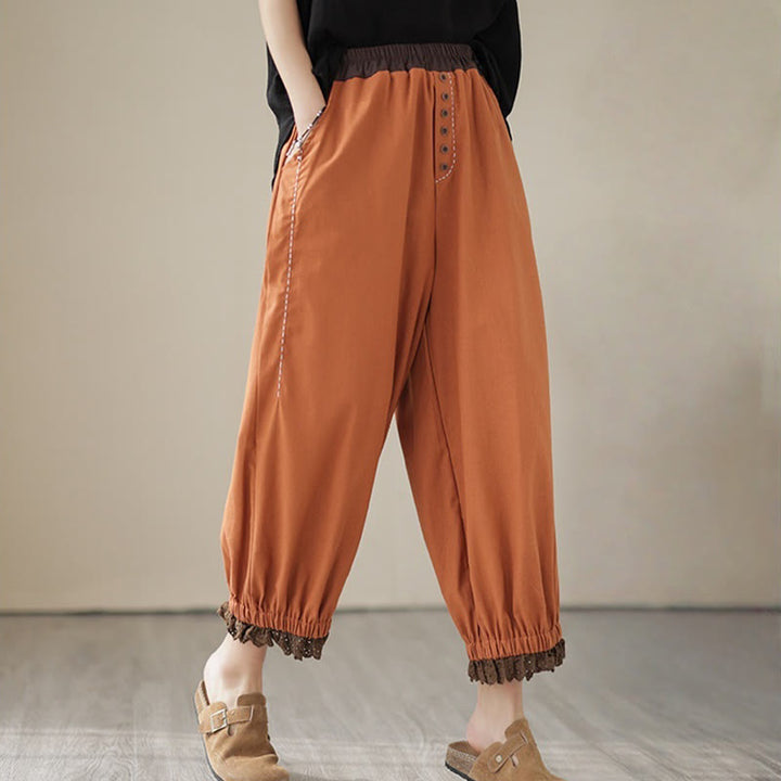 Pantalon Buddha Stones décontracté en coton et lin pour femme, couleur unie, patchwork, avec ceinture élastique et poches, style printemps