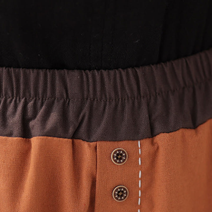 Pantalon Buddha Stones décontracté en coton et lin pour femme, couleur unie, patchwork, avec ceinture élastique et poches, style printemps