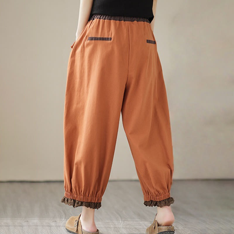 Pantalon Buddha Stones décontracté en coton et lin pour femme, couleur unie, patchwork, avec ceinture élastique et poches, style printemps