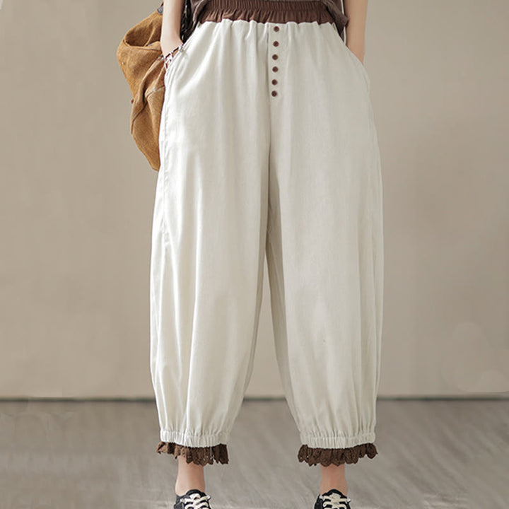 Pantalon Buddha Stones décontracté en coton et lin pour femme, couleur unie, patchwork, avec ceinture élastique et poches, style printemps