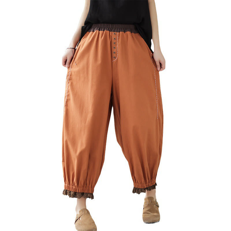 Pantalon Buddha Stones décontracté en coton et lin pour femme, couleur unie, patchwork, avec ceinture élastique et poches, style printemps