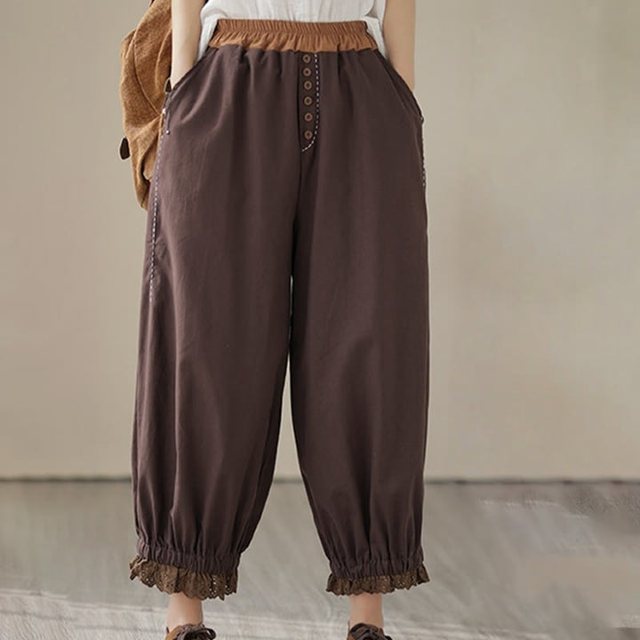 Pantalon Buddha Stones décontracté en coton et lin pour femme, couleur unie, patchwork, avec ceinture élastique et poches, style printemps