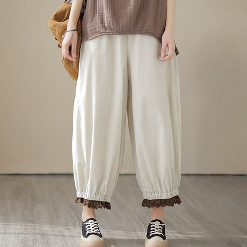 Pantalon Buddha Stones décontracté en coton et lin pour femme, couleur unie, patchwork, avec ceinture élastique et poches, style printemps