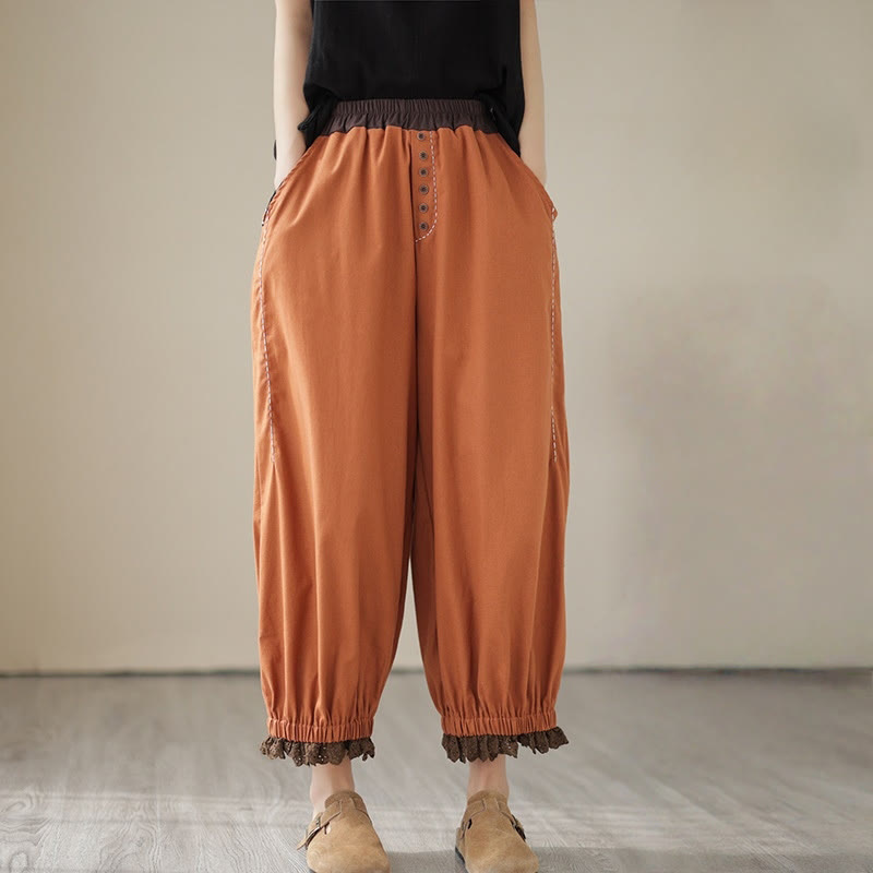 Pantalon Buddha Stones décontracté en coton et lin pour femme, couleur unie, patchwork, avec ceinture élastique et poches, style printemps