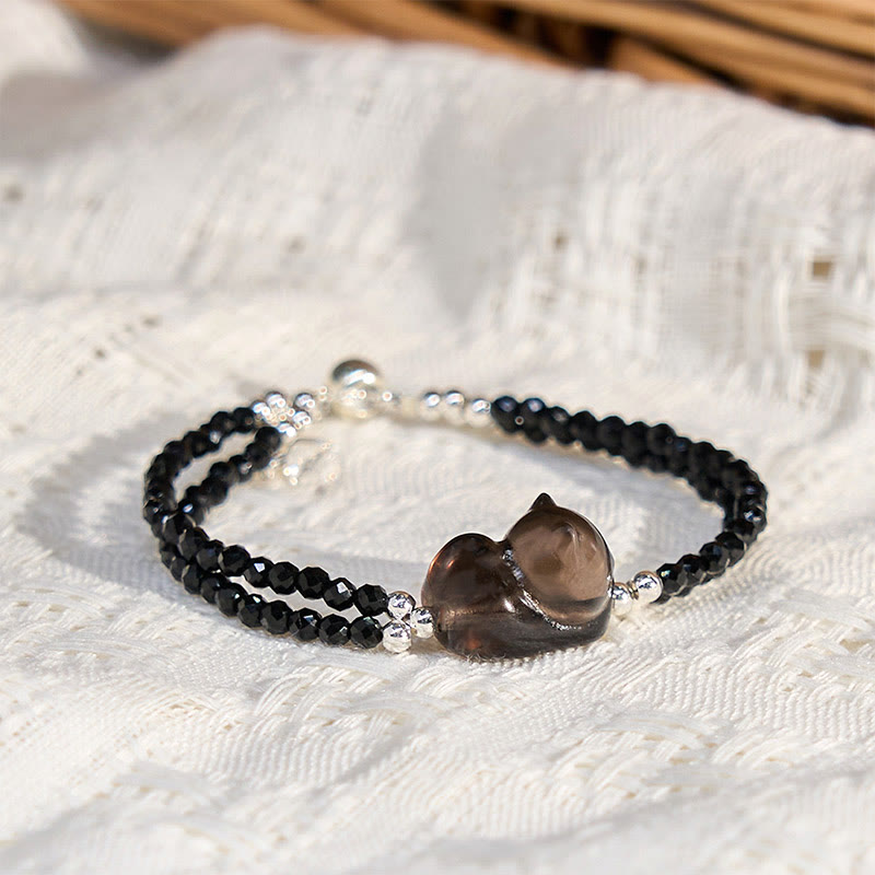 Bracelet double rang Courage Chat Buddha Stones en Obsidienne Glacée et Spinelle Noir - Obsidienne de glace (circonférence du poignet : 16 cm) - image 1