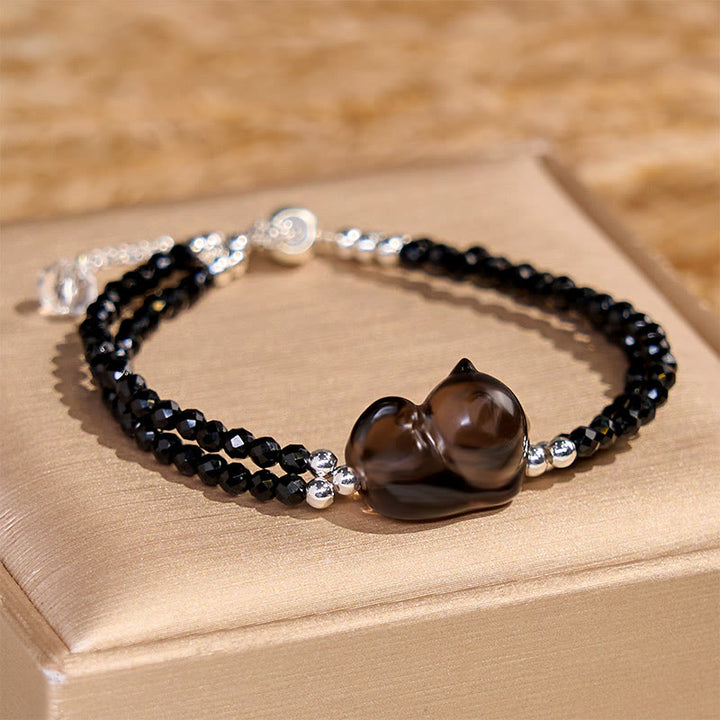 Bracelet double rang Courage Chat Buddha Stones en Obsidienne Glacée et Spinelle Noir - image 3