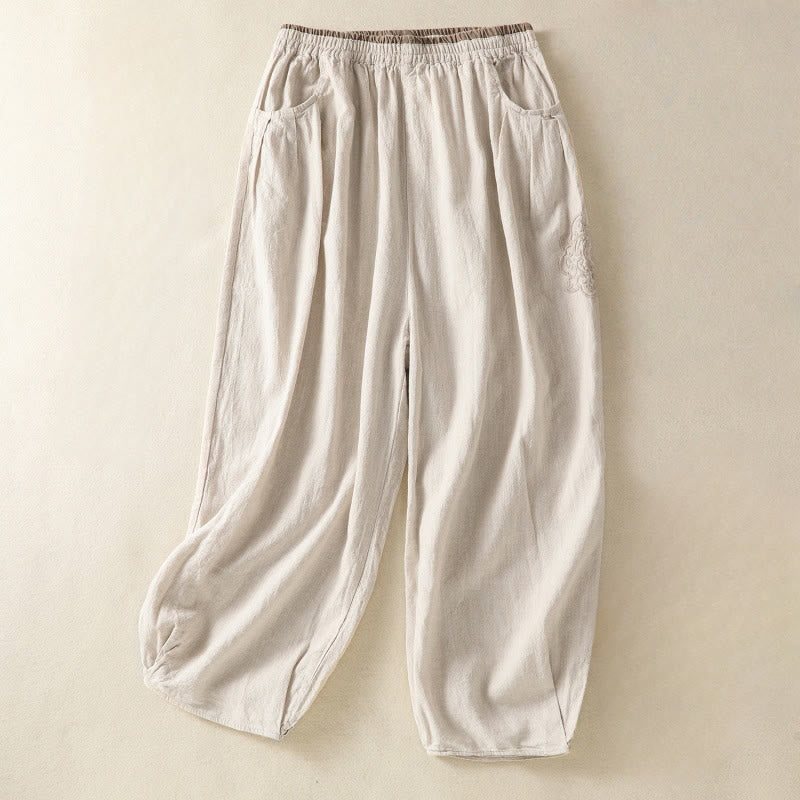 Pantalon sarouel décontracté en coton et lin avec broderie Buddha Stones pour femme, longueur 7-8, avec poches - Lin - US8-10，UK/AU12-14，EU40-42 (2XL) - image 6