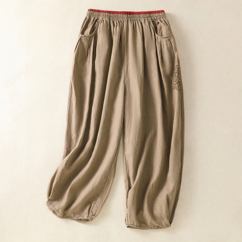 Pantalon sarouel décontracté en coton et lin avec broderie Buddha Stones pour femme, longueur 7-8, avec poches - BurlyWood - US8-10，UK/AU12-14，EU40-42 (2XL) - image 0
