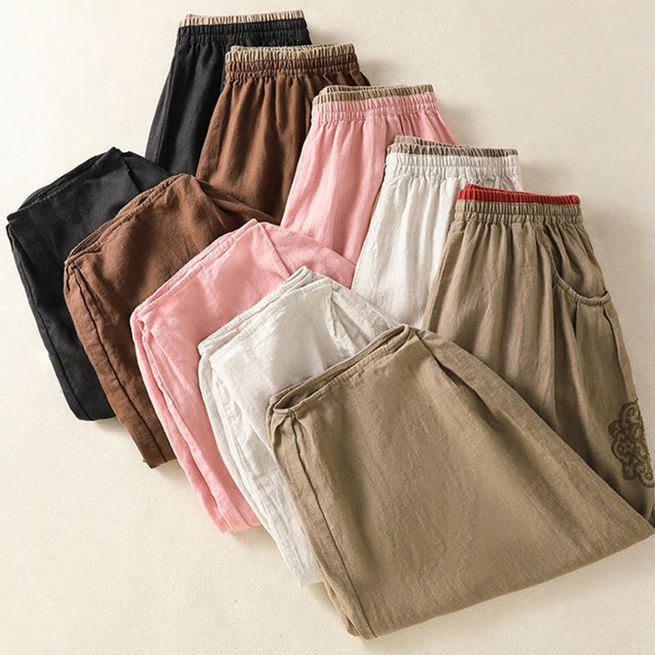 Pantalon sarouel décontracté en coton et lin avec broderie Buddha Stones pour femme, longueur 7-8, avec poches - image 36