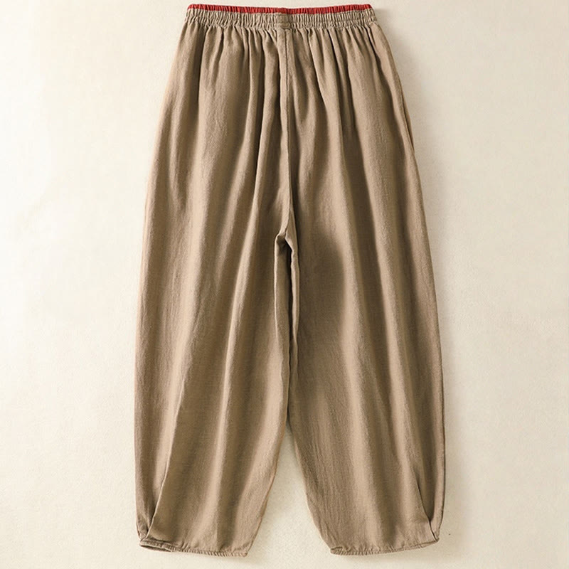 Pantalon sarouel décontracté en coton et lin avec broderie Buddha Stones pour femme, longueur 7-8, avec poches - image 1