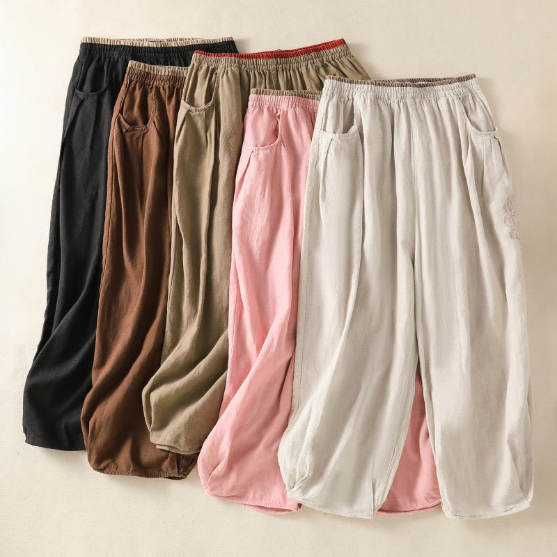 Pantalon sarouel décontracté en coton et lin avec broderie Buddha Stones pour femme, longueur 7-8, avec poches - image 35