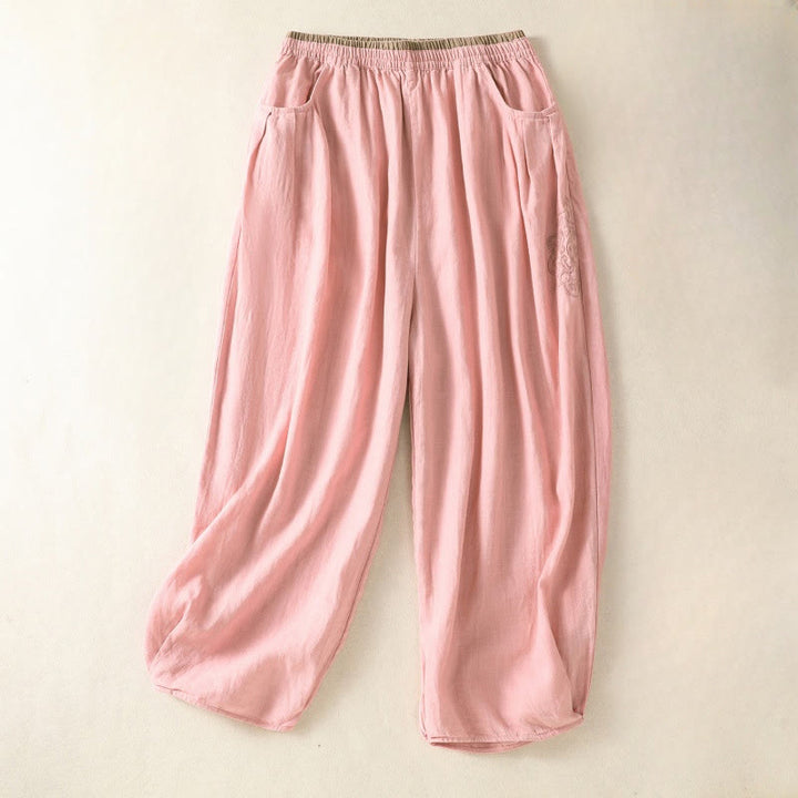 Pantalon sarouel décontracté en coton et lin avec broderie Buddha Stones pour femme, longueur 7-8, avec poches - Rose clair - US8-10，UK/AU12-14，EU40-42 (2XL) - image 16