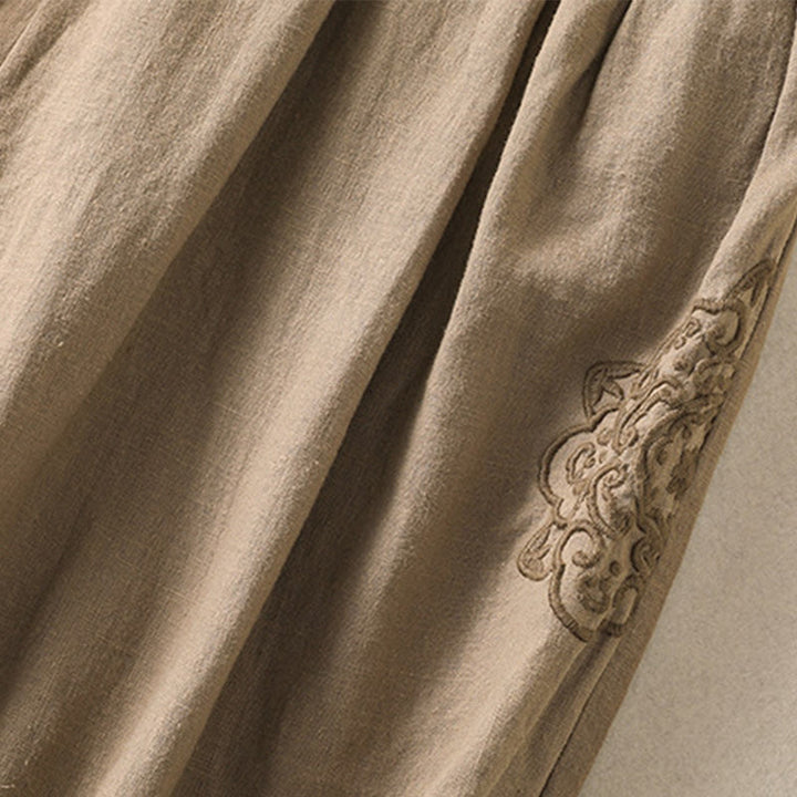 Pantalon sarouel décontracté en coton et lin avec broderie Buddha Stones pour femme, longueur 7-8, avec poches - image 4