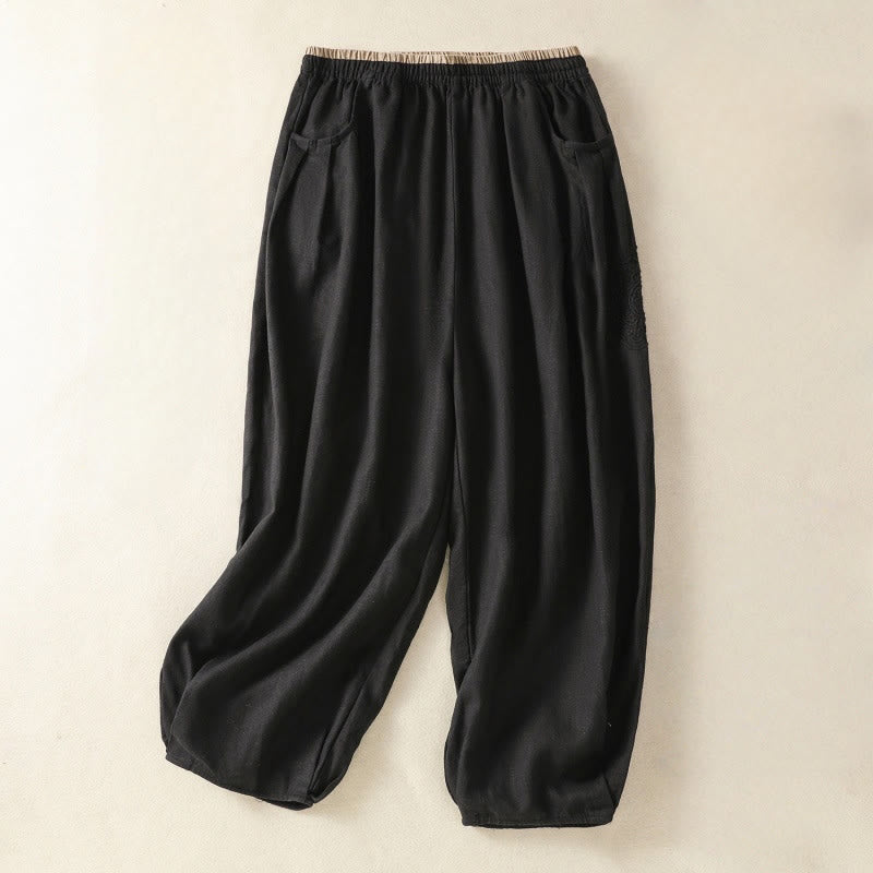 Pantalon sarouel décontracté en coton et lin avec broderie Buddha Stones pour femme, longueur 7-8, avec poches - Noir - US8-10，UK/AU12-14，EU40-42 (2XL) - image 29
