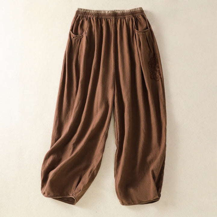 Pantalon sarouel décontracté en coton et lin avec broderie Buddha Stones pour femme, longueur 7-8, avec poches - Terre de sienne - US8-10，UK/AU12-14，EU40-42 (2XL) - image 23