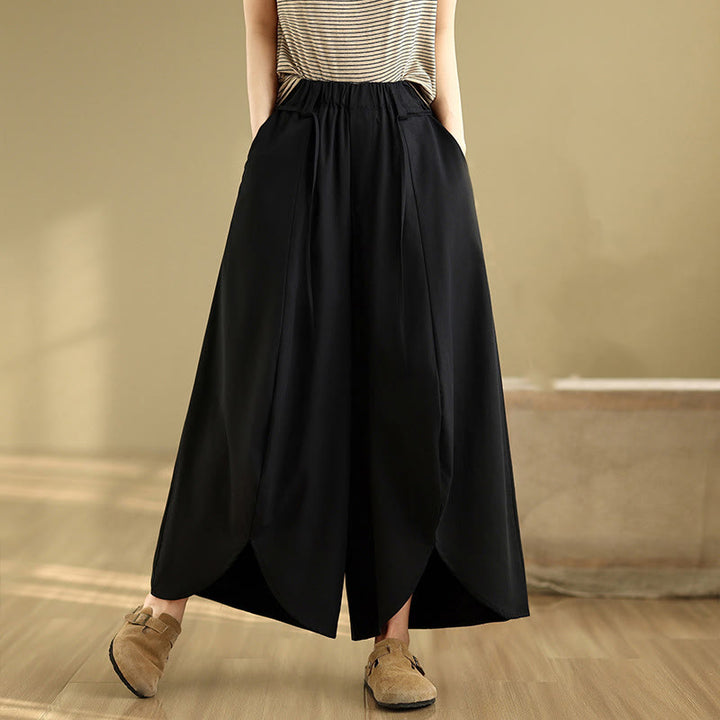 Pantalon large fendu à lacets et poches pour femme, style vintage d'été Buddha Stones - Noir - US8-10，UK/AU12-14，EU40-42 (2XL) - image 0