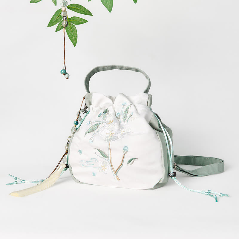 Sac fourre-tout en toile brodé de Buddha Stones et de fleurs de poirier vertes