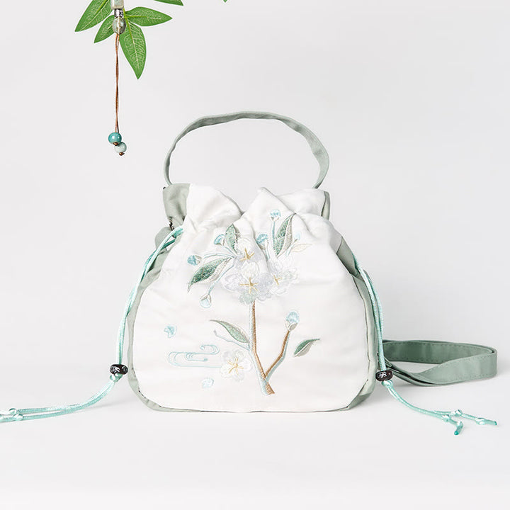 Sac fourre-tout en toile brodé de Buddha Stones et de fleurs de poirier vertes