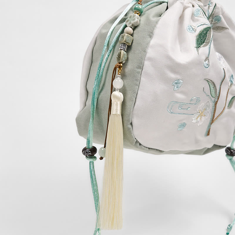 Sac fourre-tout en toile brodé de Buddha Stones et de fleurs de poirier vertes