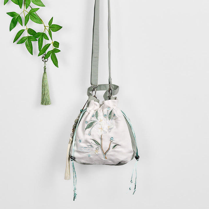 Sac fourre-tout en toile brodé de Buddha Stones et de fleurs de poirier vertes
