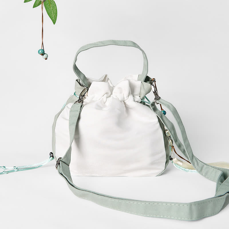 Sac fourre-tout en toile brodé de Buddha Stones et de fleurs de poirier vertes