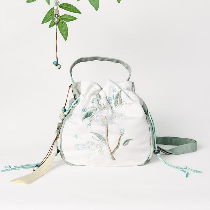 Sac fourre-tout en toile brodé de Buddha Stones et de fleurs de poirier vertes