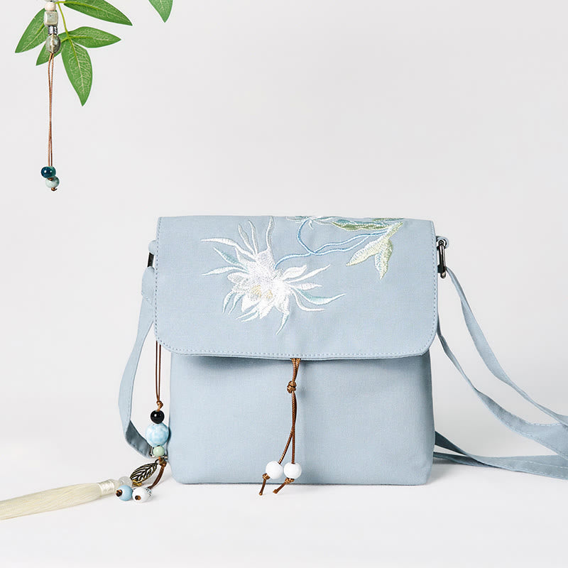 Sac bandoulière en coton et lin Epiphyllum bleu clair brodé Buddha Stones