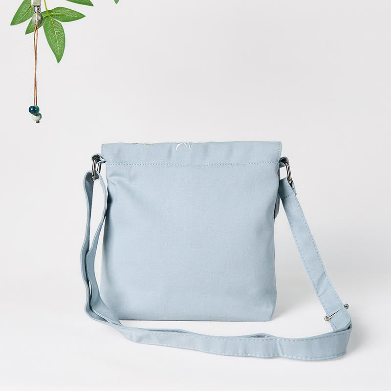 Sac bandoulière en coton et lin Epiphyllum bleu clair brodé Buddha Stones