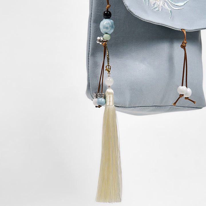 Sac bandoulière en coton et lin Epiphyllum bleu clair brodé Buddha Stones