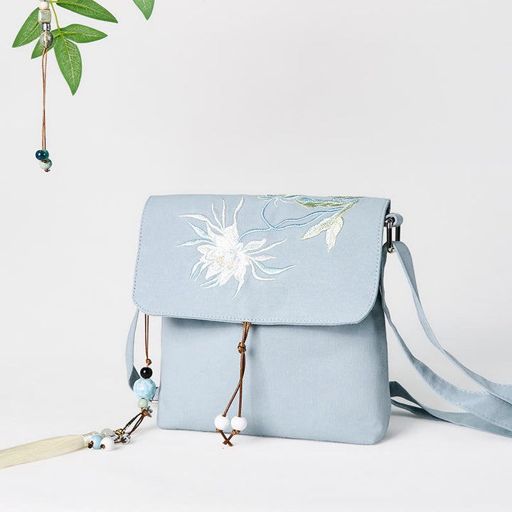 Sac bandoulière en coton et lin Epiphyllum bleu clair brodé Buddha Stones