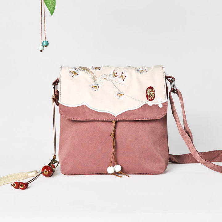 Sac à bandoulière en coton et lin avec broderies de Buddha Stones uni et prune