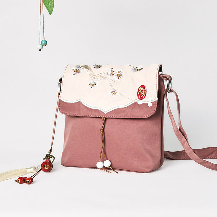 Sac à bandoulière en coton et lin avec broderies de Buddha Stones uni et prune