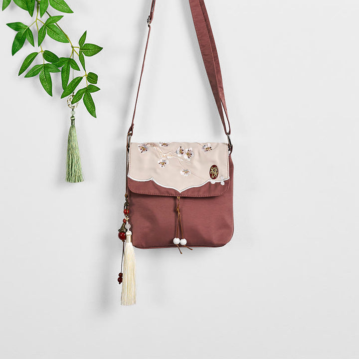 Sac à bandoulière en coton et lin avec broderies de Buddha Stones uni et prune