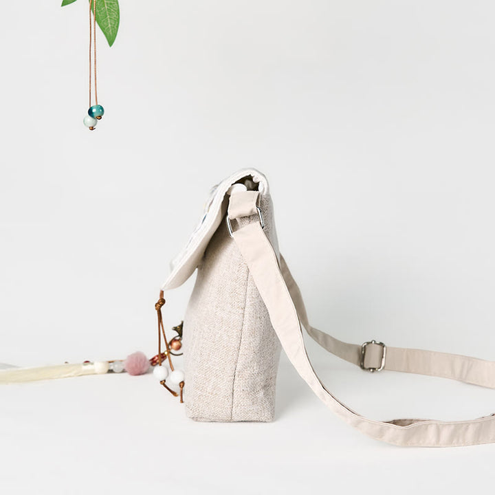 Sac à dos en toile polyester grande capacité avec broderie magnolia faite à la main et Buddha Stones