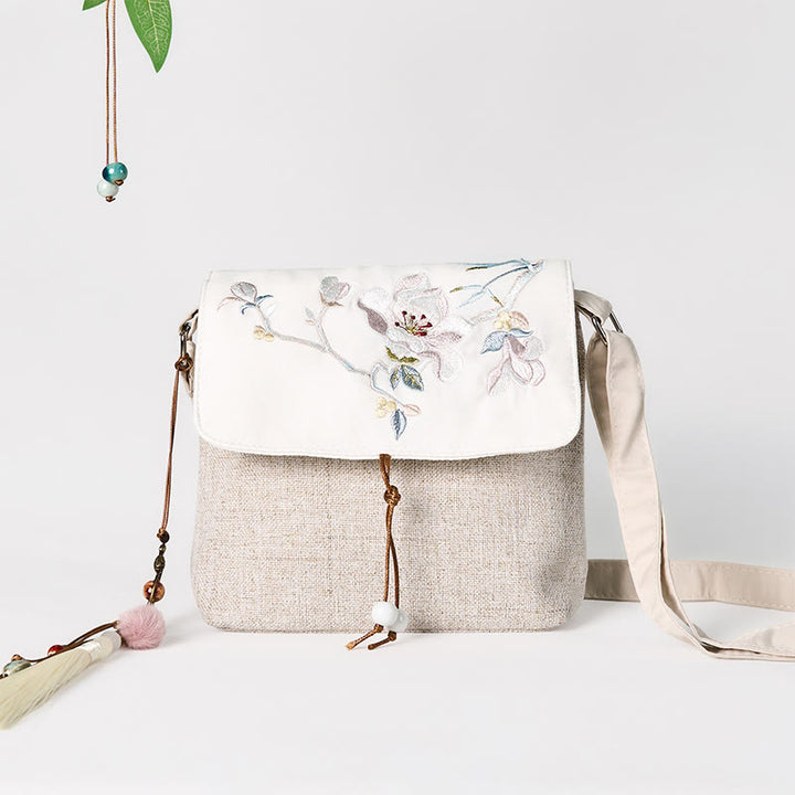 Sac à dos en toile polyester grande capacité avec broderie magnolia faite à la main et Buddha Stones