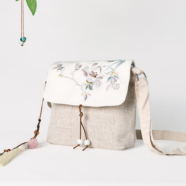 Sac à dos en toile polyester grande capacité avec broderie magnolia faite à la main et Buddha Stones