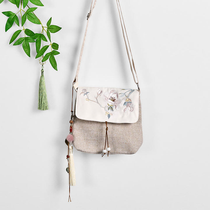 Sac à dos en toile polyester grande capacité avec broderie magnolia faite à la main et Buddha Stones