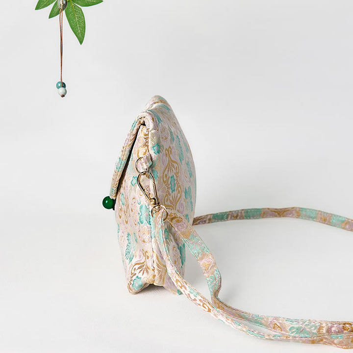 Sac bandoulière en polyester et coton brodé avec motifs de fleurs rétro et Buddha Stones