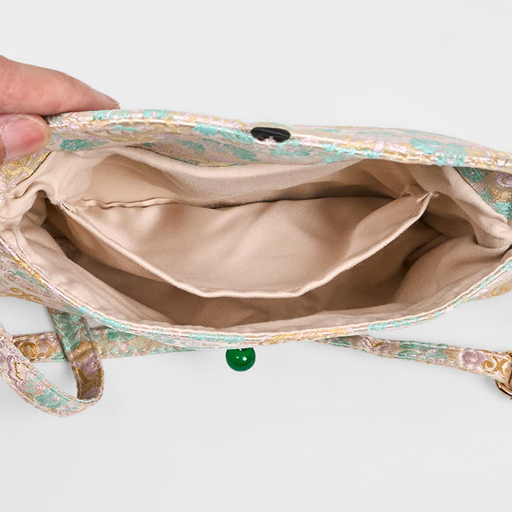 Sac bandoulière en polyester et coton brodé avec motifs de fleurs rétro et Buddha Stones