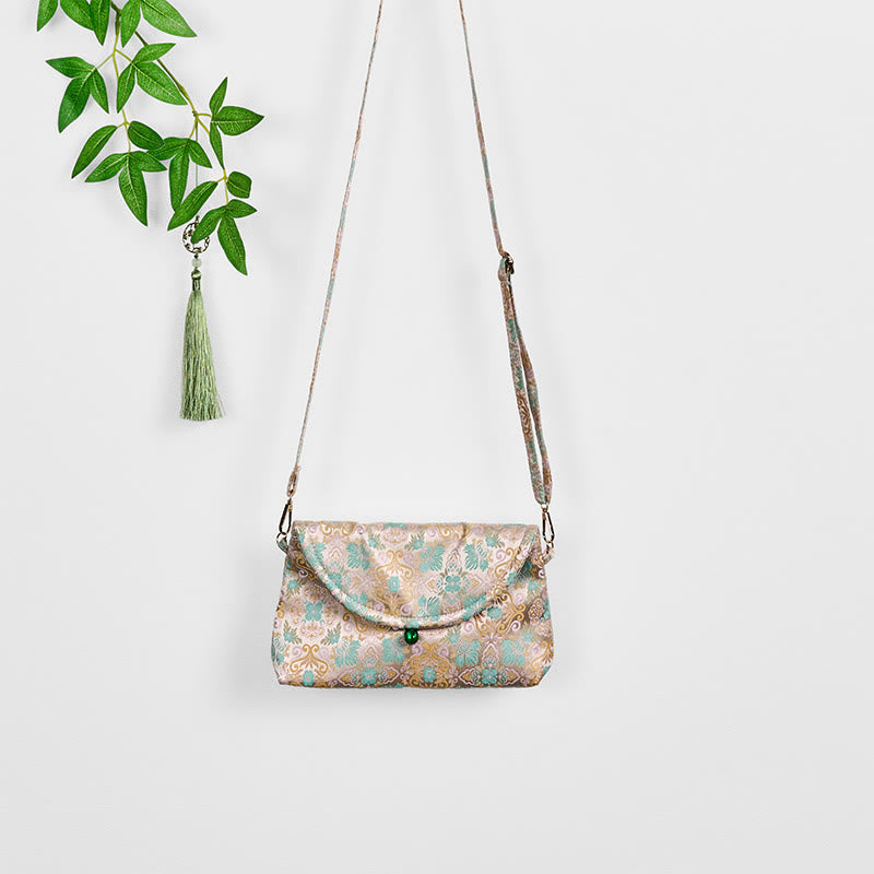 Sac bandoulière en polyester et coton brodé avec motifs de fleurs rétro et Buddha Stones