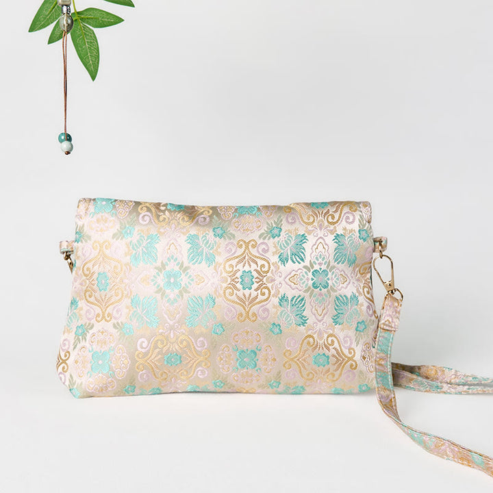 Sac bandoulière en polyester et coton brodé avec motifs de fleurs rétro et Buddha Stones