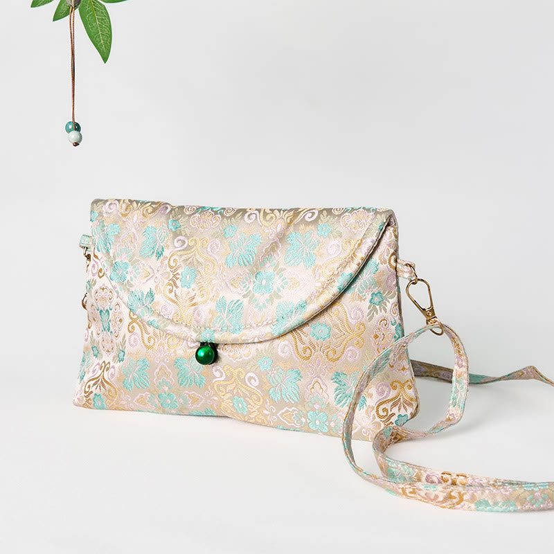 Sac bandoulière en polyester et coton brodé avec motifs de fleurs rétro et Buddha Stones