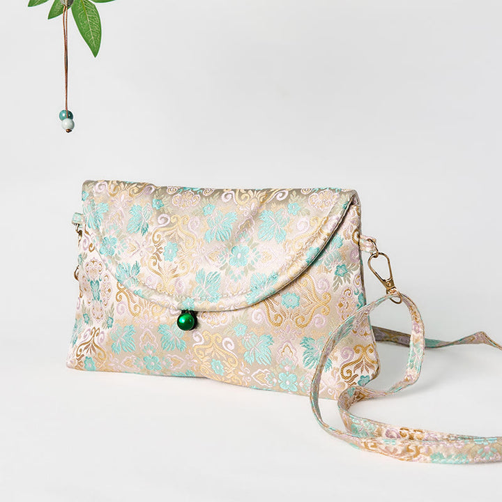 Sac bandoulière en polyester et coton brodé avec motifs de fleurs rétro et Buddha Stones