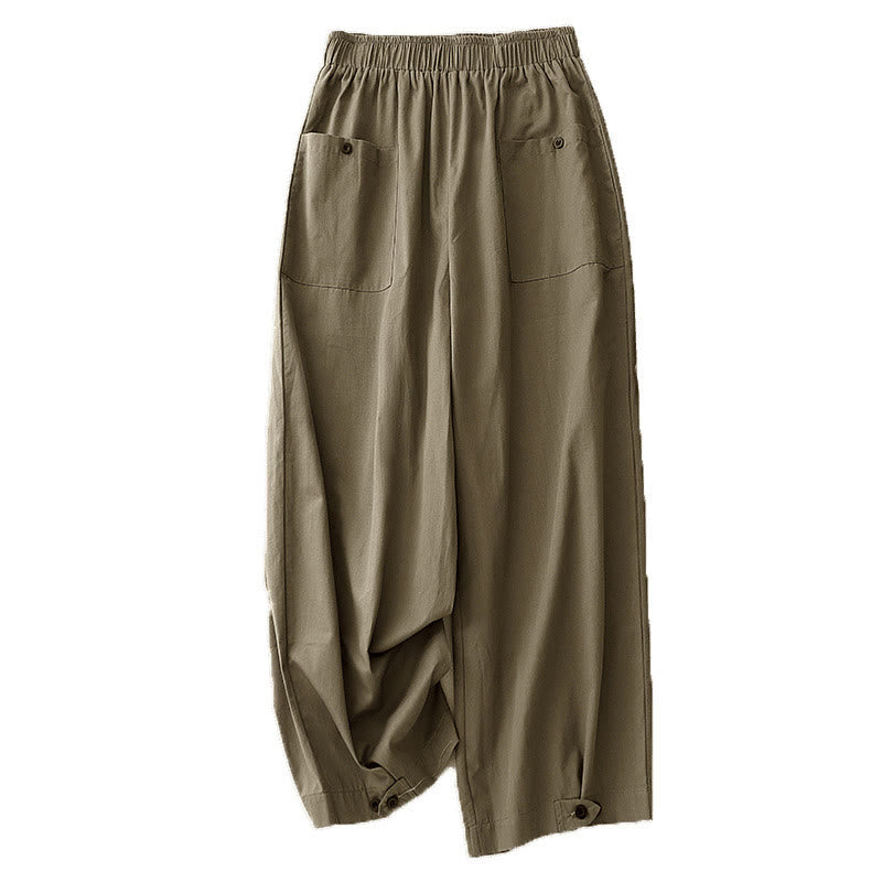 Pantalon large en coton avec poches pour femme, style Buddha Stones , vintage, couleur unie, boutons - image 13