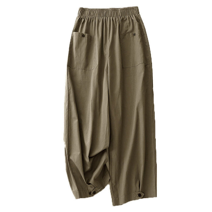 Pantalon large en coton avec poches pour femme, style Buddha Stones , vintage, couleur unie, boutons - image 13
