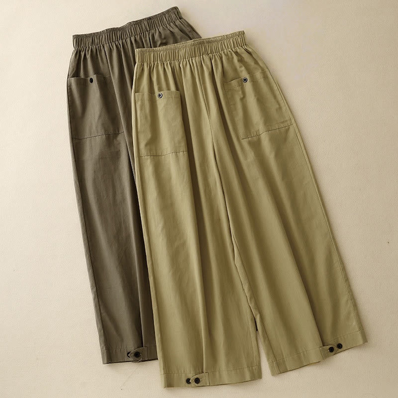Pantalon large en coton avec poches pour femme, style Buddha Stones , vintage, couleur unie, boutons - image 14