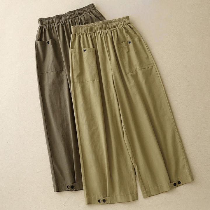 Pantalon large en coton avec poches pour femme, style Buddha Stones , vintage, couleur unie, boutons - image 14